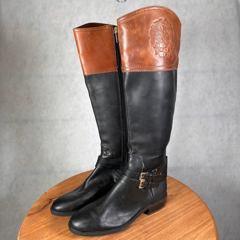 Vince Camuto Riding Boots Women 5.5 Black Brown Good Leather Crest Harness VC-P
